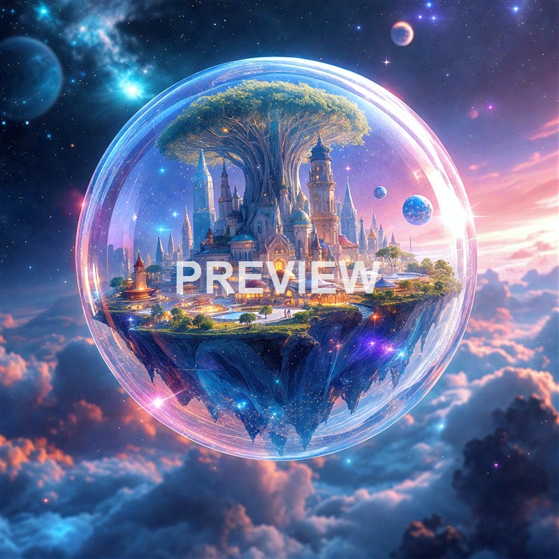 A fantastical floating island with a castle-like city featuring tall spires and large trees, encased inside a glowing transparent sphere in space with planets and stars in the background.